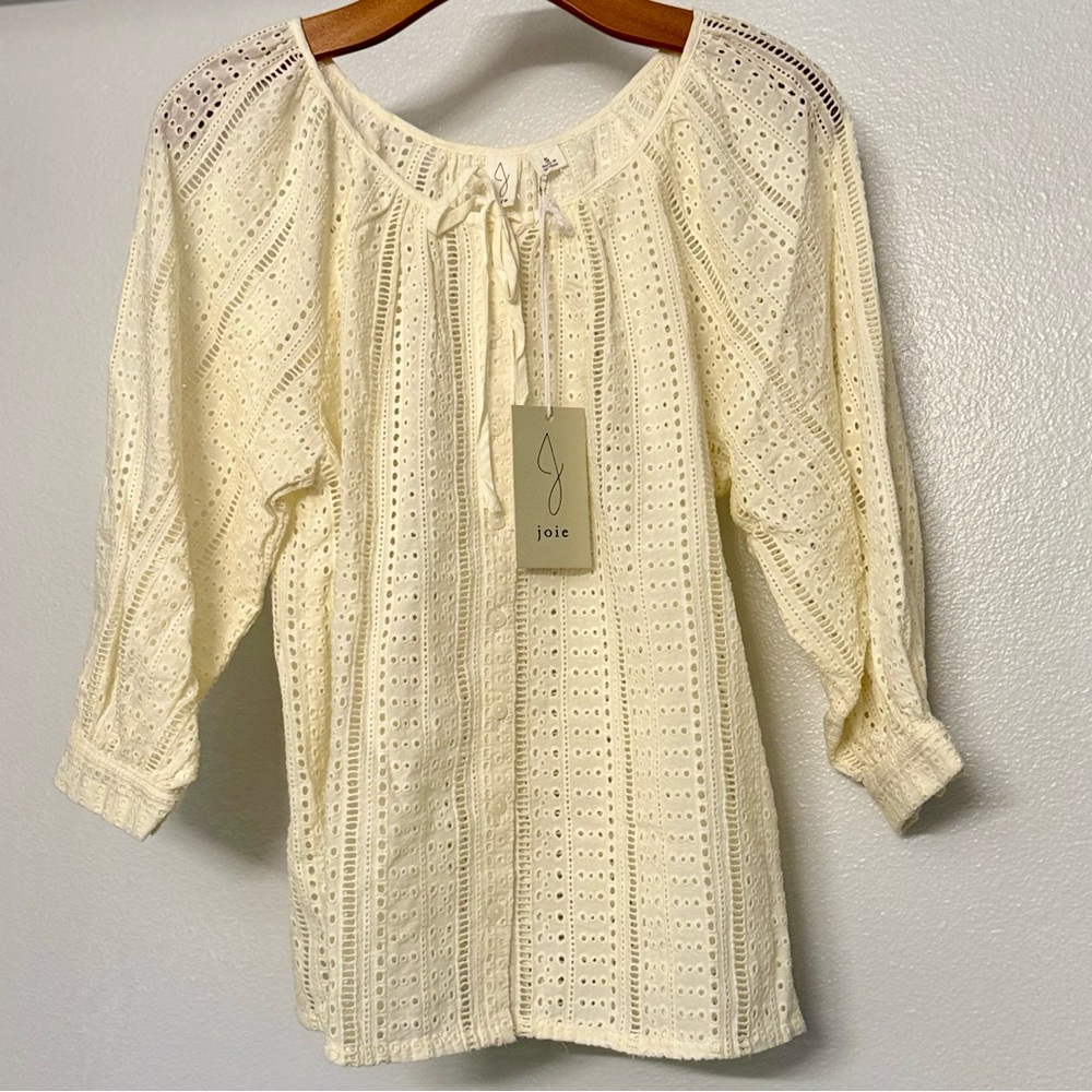 NWT Joie Light Cream Eyelet Button‎ Down Unlined Cotton Peasant Top Size S - Picture 3 of 10